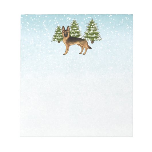 黒褐色のドイツの羊飼い犬の冬の森 ノートパッド (正面)