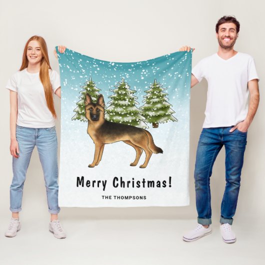 黒褐色のドイツの羊飼い犬の冬の森 フリースブランケット (インサイチュ)