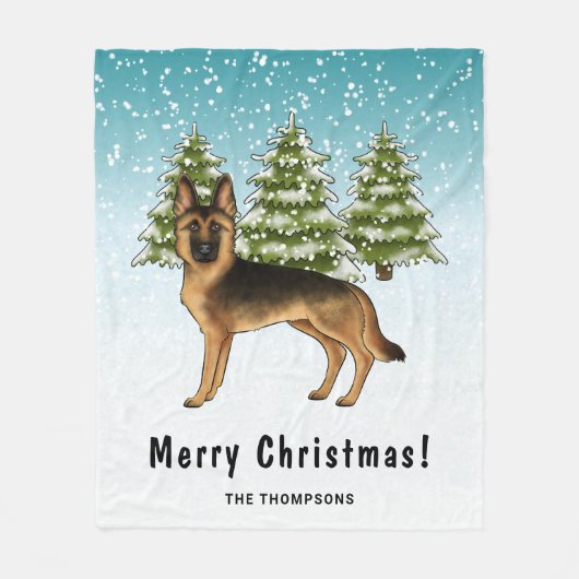 黒褐色のドイツの羊飼い犬の冬の森 フリースブランケット (正面)