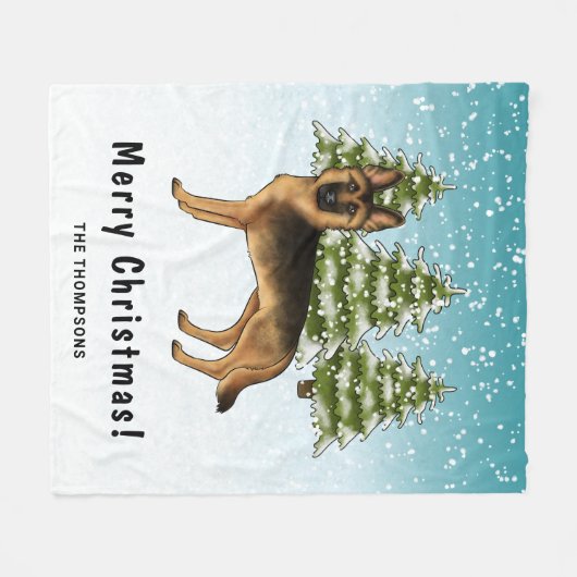 黒褐色のドイツの羊飼い犬の冬の森 フリースブランケット (正面(横))