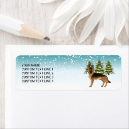 黒褐色のドイツの羊飼い犬の冬の森 ラベル