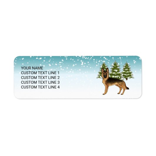 黒褐色のドイツの羊飼い犬の冬の森 ラベル (正面)