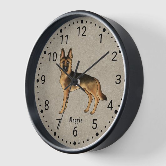黒褐色のドイツの羊飼い犬の番号付き時計 壁時計 (傾斜)