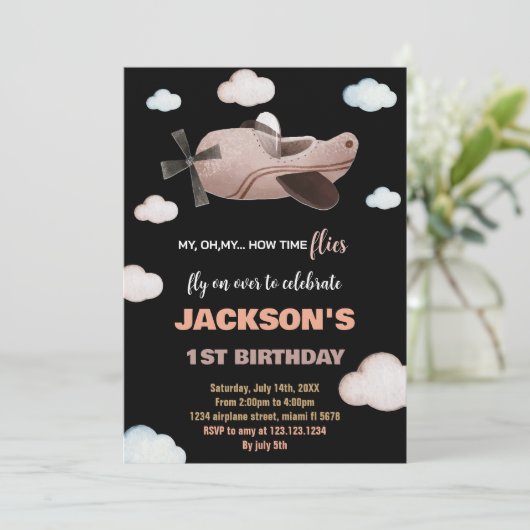 黒褐色の飛行機誕生日招待状 招待状 (スタンド正面)