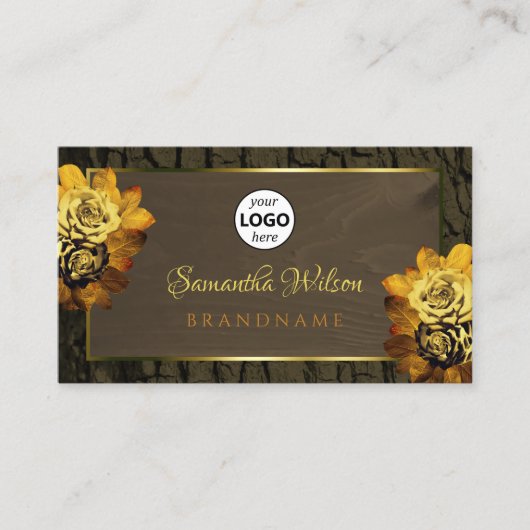 黒褐色素朴の木目の木の樹皮とロゴ 名刺 (正面)