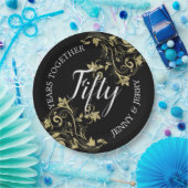 黒記念日紙プレートと金ゴールド花 ペーパープレート (パーティー)