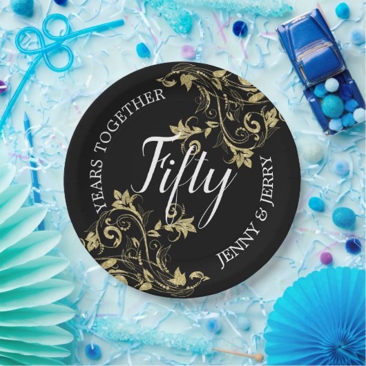 黒記念日紙プレートと金ゴールド花 ペーパープレート (パーティー)