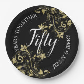 黒記念日紙プレートと金ゴールド花 ペーパープレート (正面)