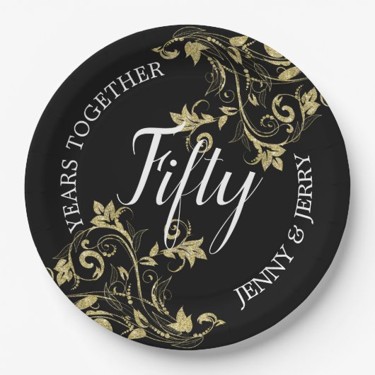 黒記念日紙プレートと金ゴールド花 ペーパープレート (正面)