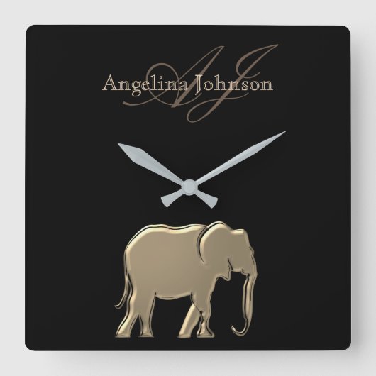 黒象と金ゴールド象モノグラムの スクエア壁時計 (正面)
