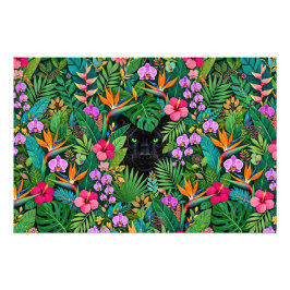 黒豹のジャングルの花と熱帯の葉 フォトプリント           