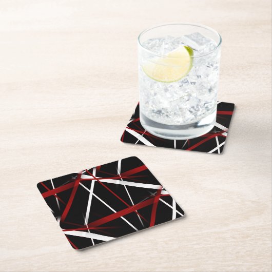 黒赤と白背景Pの抽象芸術線 スクエアペーパーコースター (インサイチュ)