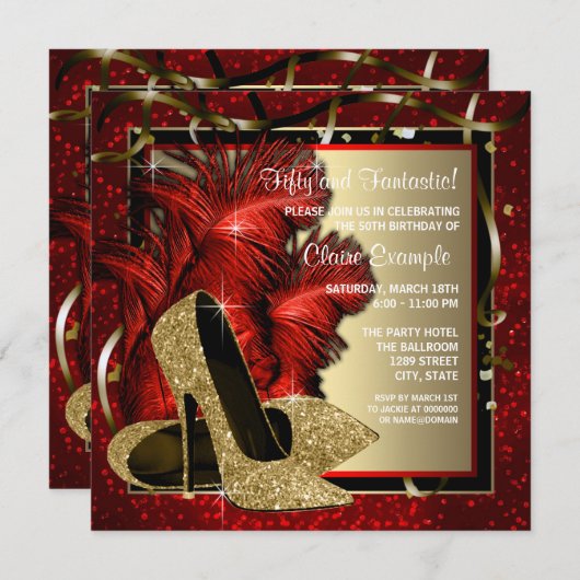 黒赤と金ゴールドハイヒール誕生会 招待状 (正面/裏面)