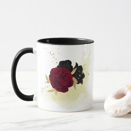 黒赤の花と金の葉 マグカップ (ドーナツ)