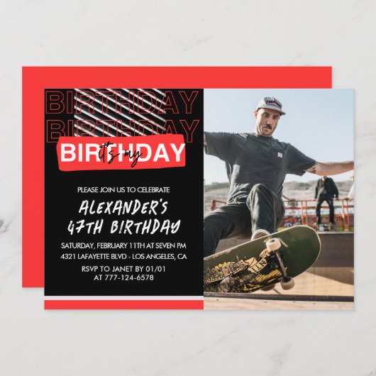 黒赤写真47歳の誕生日招待状メンズ 招待状 (正面/裏面)