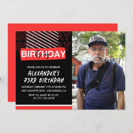 黒赤写真73歳の誕生日招待状メンズ 招待状 (正面/裏面)