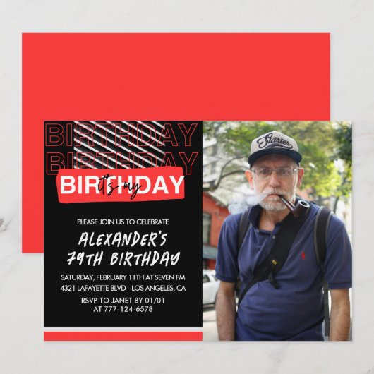 黒赤写真79歳の誕生日招待状メンズ 招待状 (正面/裏面)
