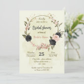 黒赤面ピンクの花の植物ブライダルシャワー 招待状 (スタンド正面)