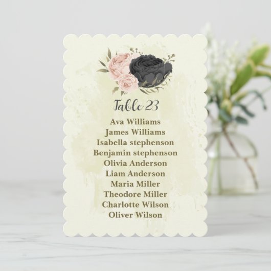黒赤面ピンクの花席表カード 招待状 (スタンド正面)