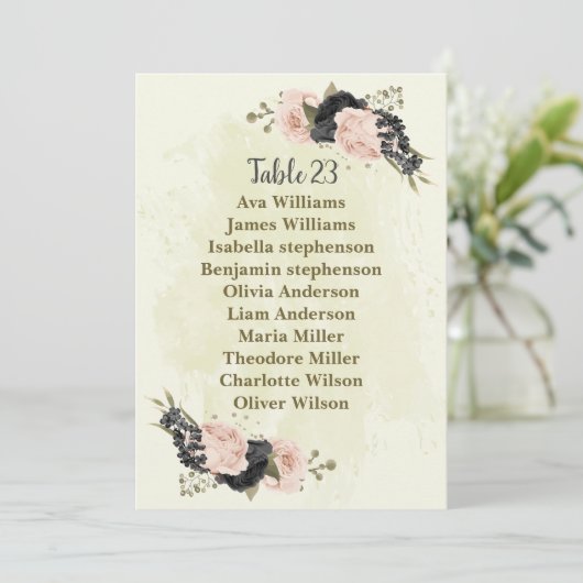 黒赤面ピンクの花席表カード 招待状 (スタンド正面)