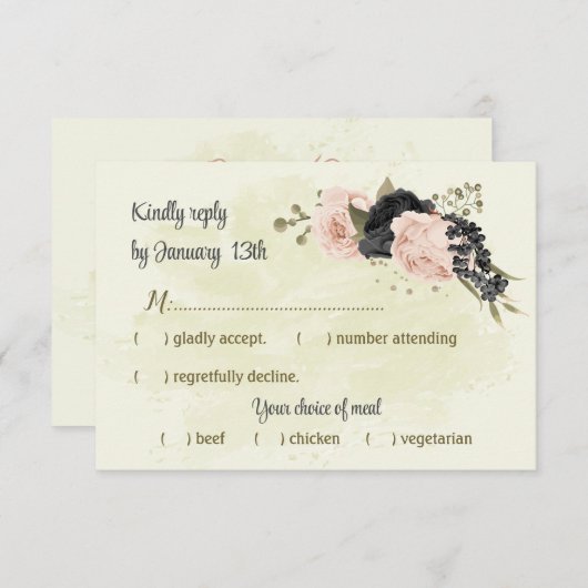 黒赤面ピンクの花結婚植物薬 出欠カード (正面/裏面)