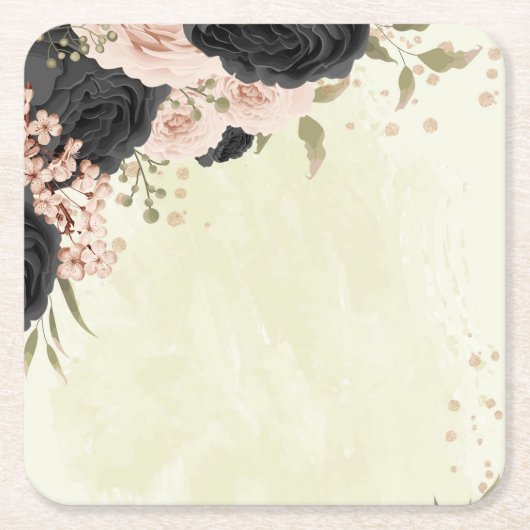 黒赤面ピンク結婚の花 スクエアペーパーコースター (正面)