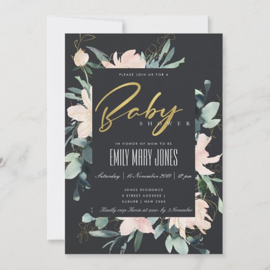 黒赤面フローラ枠水彩赤ちゃんシャワー 招待状 (正面)