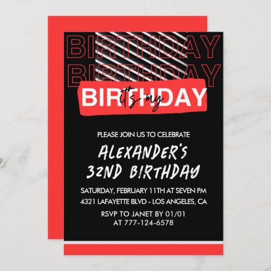 黒赤32番目のバースデーパーティ招待状兵 招待状 (正面/裏面)