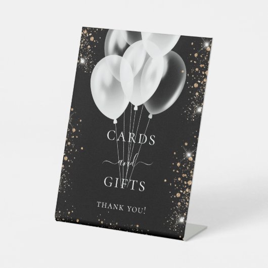 黒金のグリッター風船 ギフトカード ゲスト 台座サイン (正面)