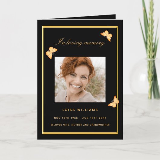 黒金の蝶の写真 Funeral Program カード (正面)