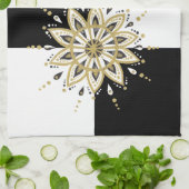 黒金ゴールドと白マンダラ幾何学模様デザイン2a キッチンタオル (折り畳み)