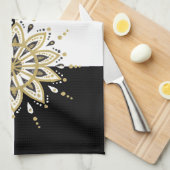 黒金ゴールドと白マンダラ幾何学模様デザイン2a キッチンタオル (四つ折り)