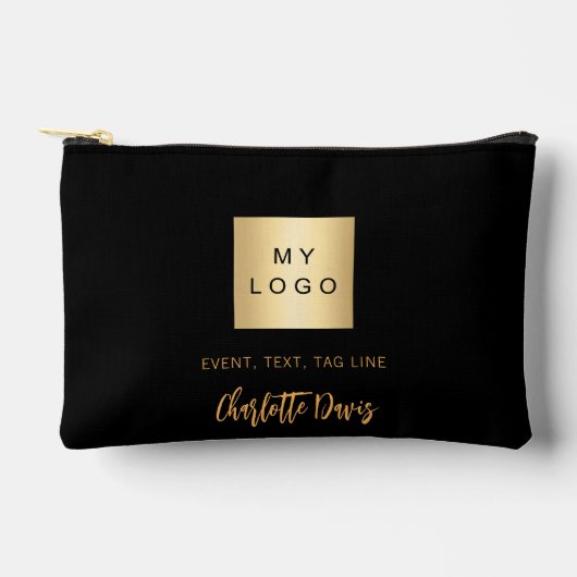 黒金ゴールドのロゴ名の署名 アクセサリーポーチ (正面)