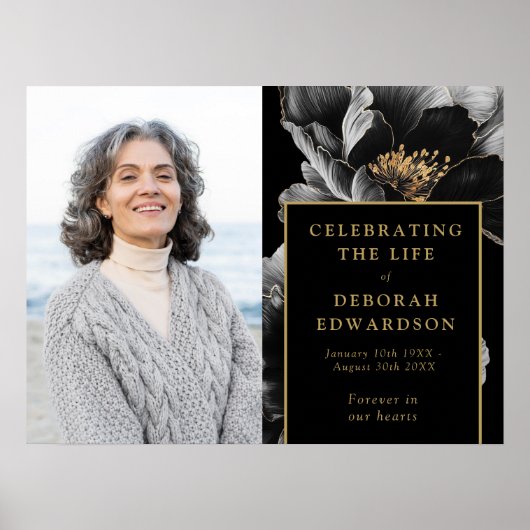 黒金ゴールドの葬儀お祝いライフフォトサイン ポスター (正面)