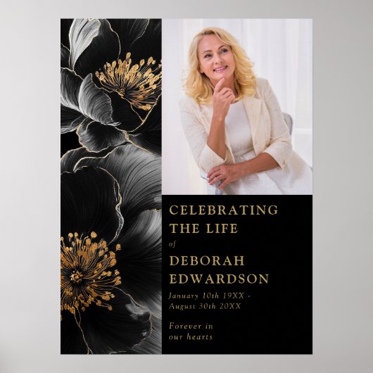 黒金ゴールドの葬儀お祝いライフフォトサイン ポスター (正面)