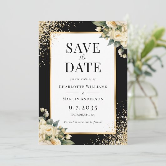 黒金ゴールドアイボリーバラ紙吹雪結婚フローラ セーブザデート (スタンド正面)