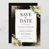 黒金ゴールドアイボリーバラ紙吹雪結婚フローラ セーブザデート (正面/裏面)