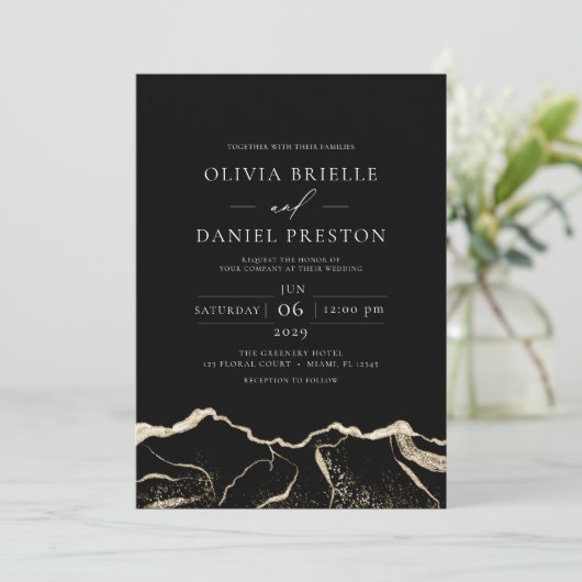 黒金ゴールドアゲエレガントテモダン結婚ト 招待状 (スタンド正面)