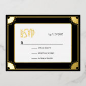 黒金ゴールドアールデコおもしろいフローラ結婚式RSVPリターン 箔招待状ポストカード (正面)