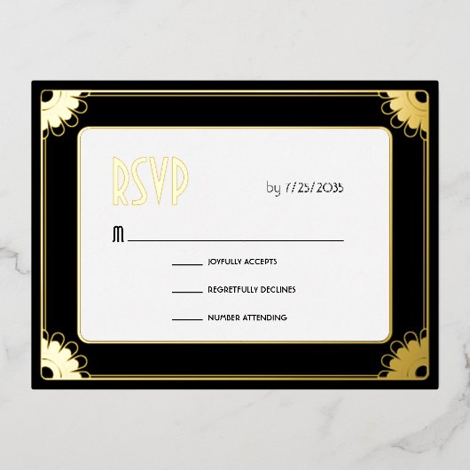 黒金ゴールドアールデコおもしろいフローラ結婚式RSVPリターン 箔招待状ポストカード (正面)