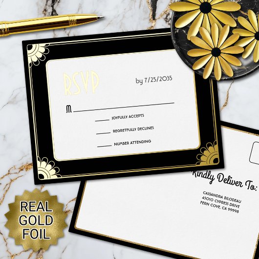 黒金ゴールドアールデコおもしろいフローラ結婚式RSVPリターン 箔招待状ポストカード
