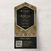 黒金ゴールドアールデコ幾何学的QRコード結婚ズ オールインワン招待状 (内側)