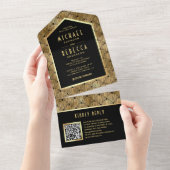 黒金ゴールドアールデコ波パターンQRコード結婚s オールインワン招待状 (貼ってはがせる)