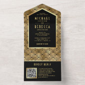 黒金ゴールドアールデコ波パターンQRコード結婚s オールインワン招待状 (内側)