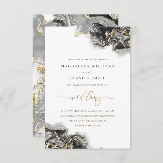 黒金ゴールドインク流体大理石結婚式招待状 招待状 (正面/裏面)