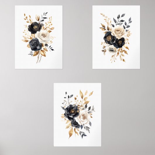 黒金ゴールドエレガント水彩花模様ウォールアート (正面)