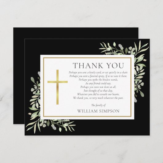 黒金ゴールドキリスト教葬儀の緑の詩 サンキューカード (正面/裏面)