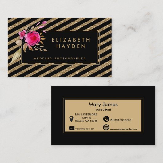 黒金ゴールドグリッターストライプフローラ名刺 名刺 (正面/裏面)
