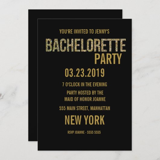 黒金ゴールドグリッタータイポグラフィバチェロレッテ招待状 招待状 (正面/裏面)