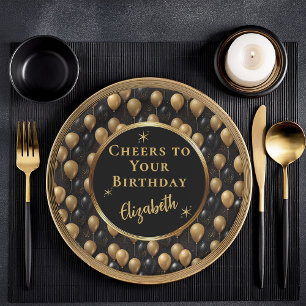 黒金ゴールドグリッターバルーン誕生日応援 ペーパープレート